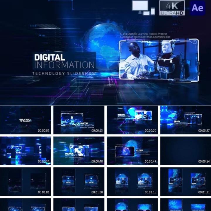 4K数字信息技术幻灯片在线通信ai人工智能宣传视频AE模板源文件