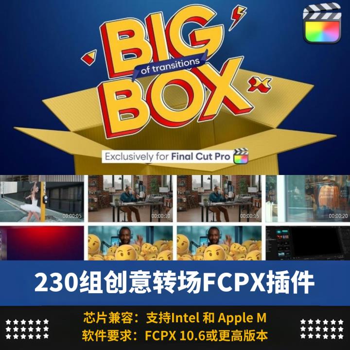 FCPX插件230个创意图形表情3D翻转移动缩放故障闪光转场预设