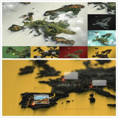 3D欧洲地图背景地标航线旅行路线疫情区域分析揭示动画AE模板素材