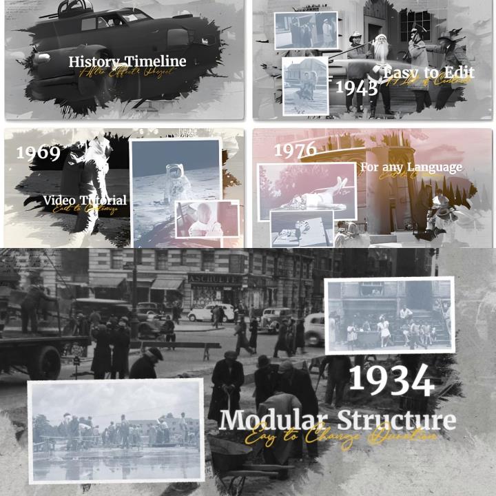 历史时间线轴幻灯片黑白水墨风格复古电影相册AE视频模板源文件