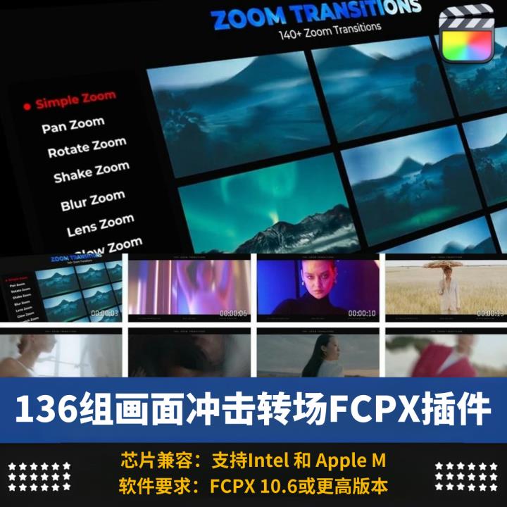 FCPX插件136组画面镜头缩放冲击平移动态过渡无缝视频转场预设