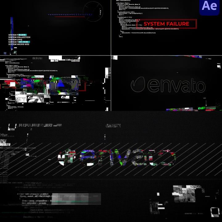 系统故障数字失真RGB像素动画场景技术评论游戏标志展示AE模板