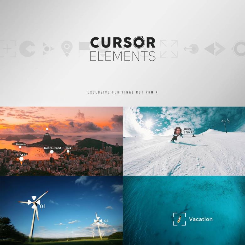 FCPX插件 100组光标指针箭头目标地点元素标记文字动画预设