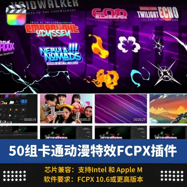 中文汉化FCPX插件50个卡通动漫剪辑素材图形特效元素文字标题动画