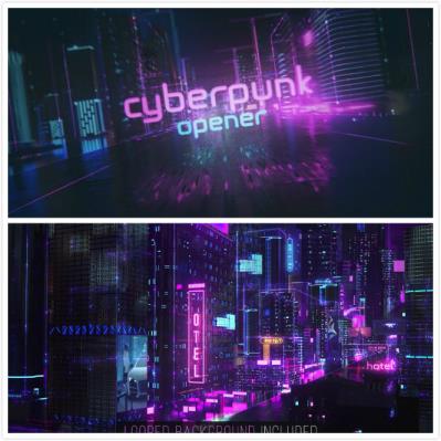 赛博朋克风夜晚城市霓虹灯广告牌科技网络游戏开场片头AE模板素材