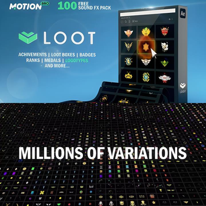 1500+徽章成就奖牌LOGO标题游戏战利品动画元素AE脚本LOOT预设包